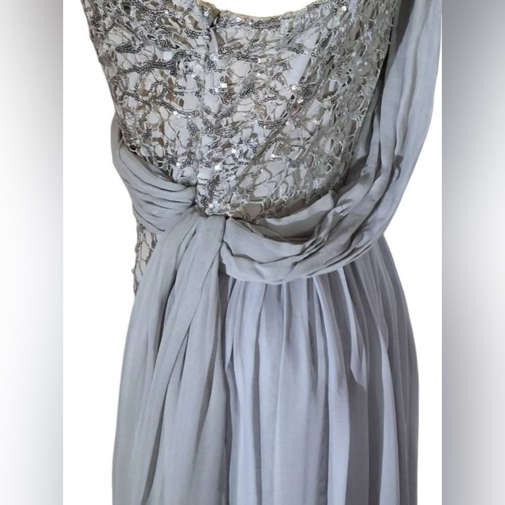 Elegant 80’s Style Silver Sequin One Shoulder Evening Gown Chiffon & Rose M - Picture 6 of 8